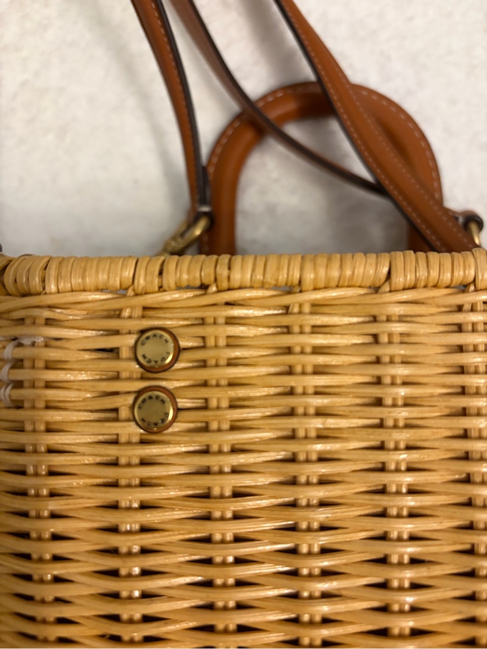 Coach Woven Rattan Tote with Brown Leather Handles and Gold Hardware - Picture 4 of 9